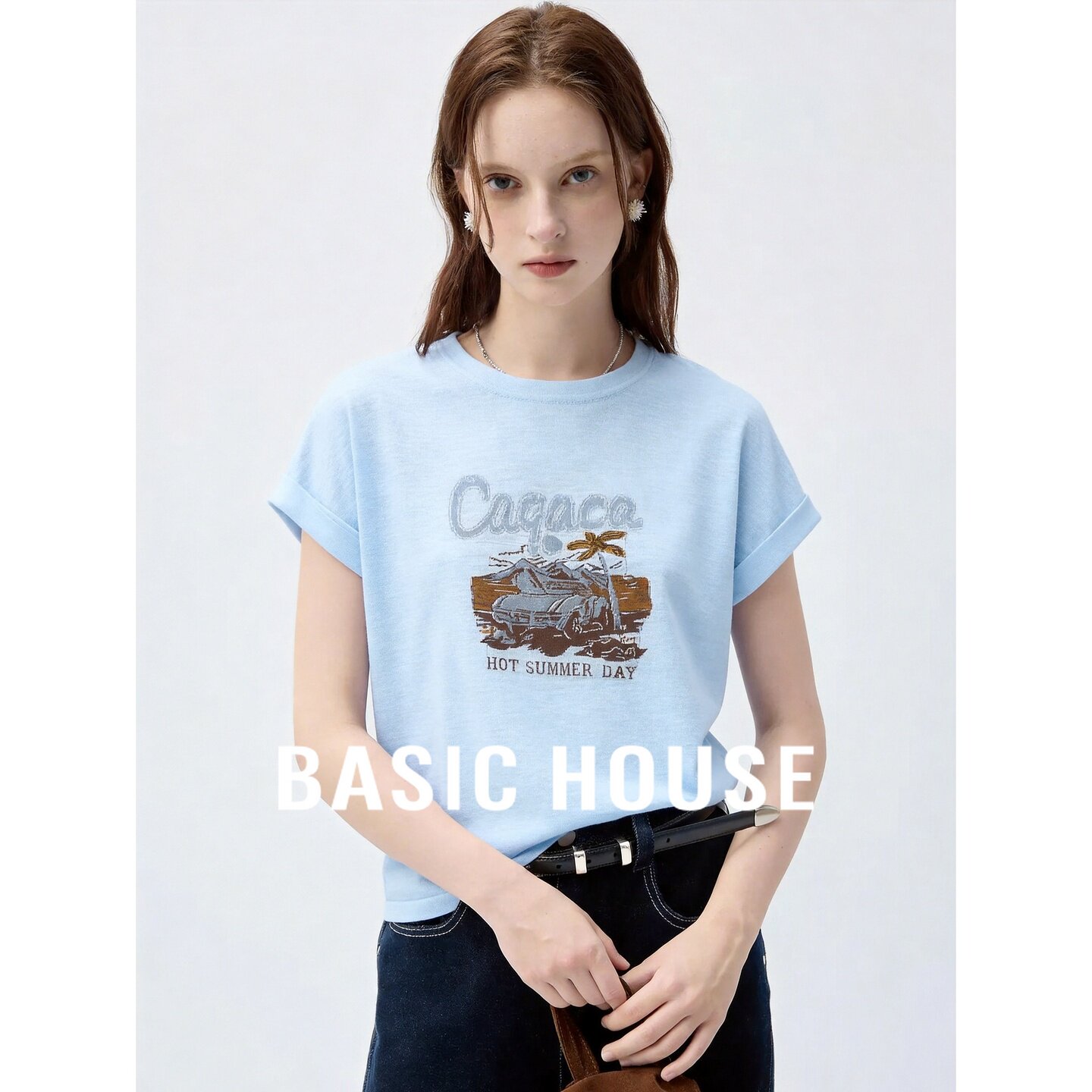 Basic House/百家好浅蓝圆领短袖T恤宽松印花女韩版复古休闲上衣