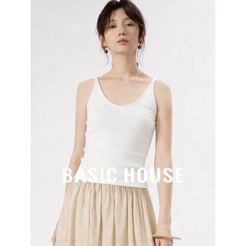 Basic House/百家好极简风V领背心女白色修身收腰短款上衣百搭