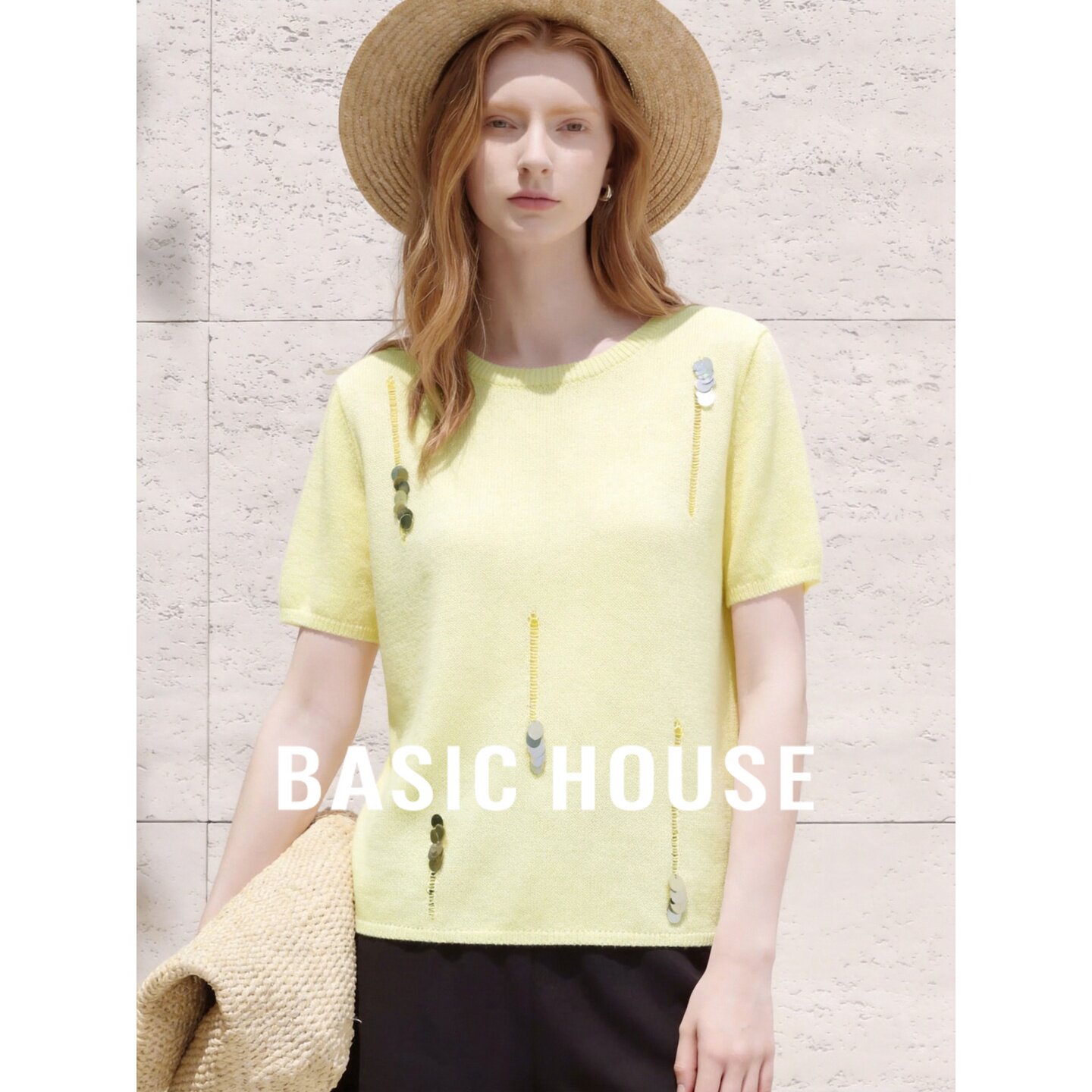 Basic House/百家好莱赛尔黄色短袖针织衫女夏季薄款亲肤透气上衣