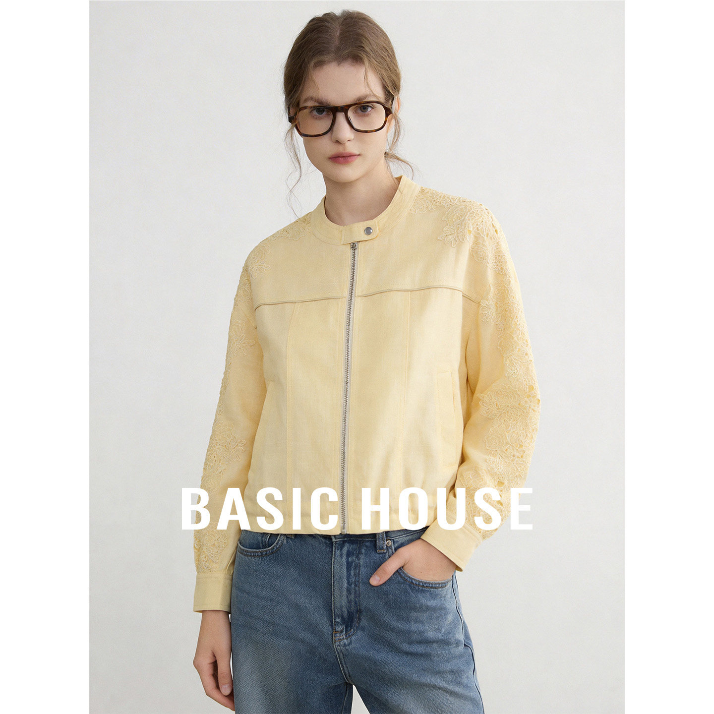 Basic House/百家好立体拼接纯色外套女2026夏季新款短款外搭上衣