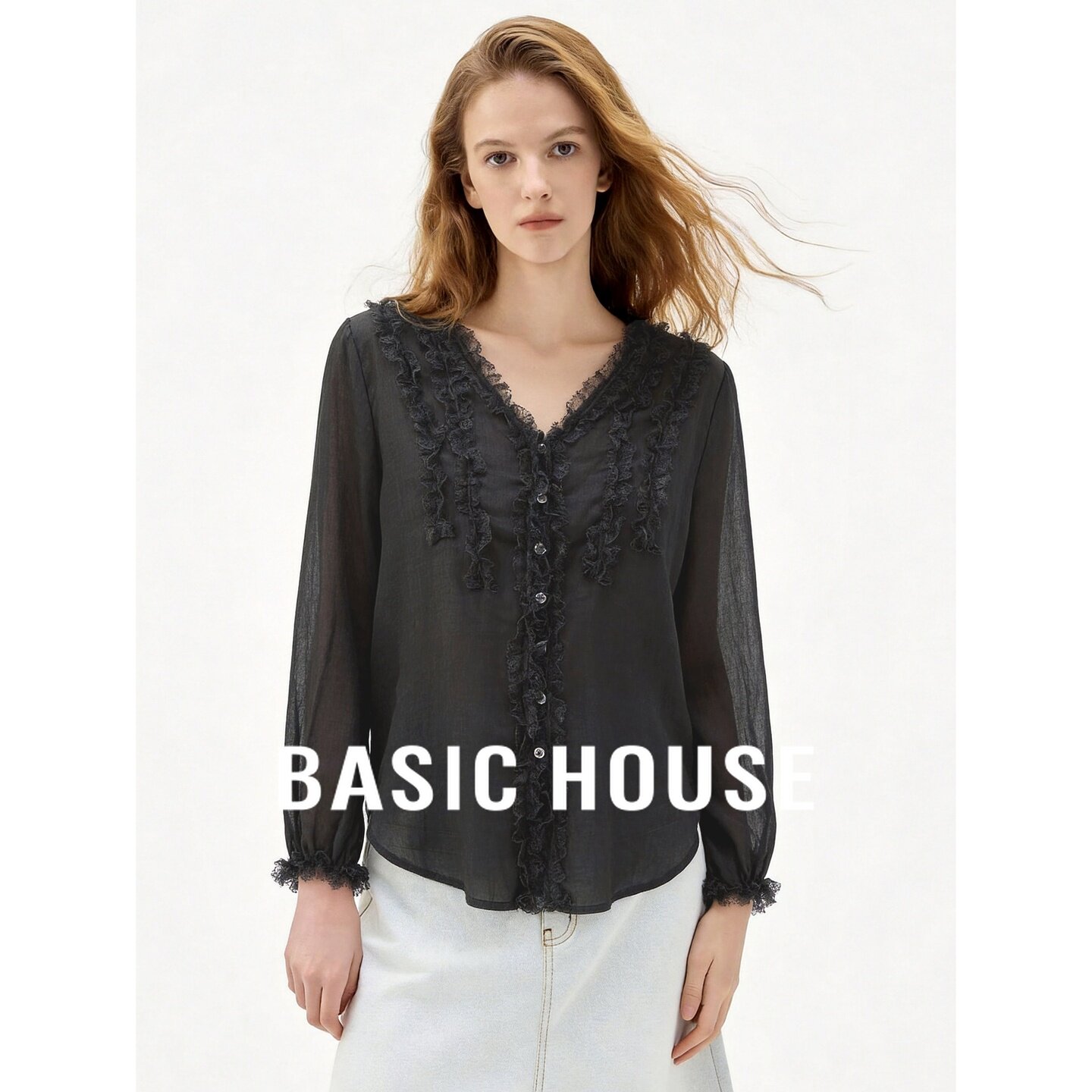 Basic House/百家好法式V领荷叶边衬衫女深灰蕾丝设计感苎麻上衣