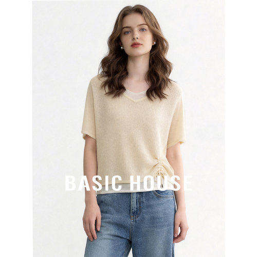 Basic House/百家好V领假两件冰丝透气纯色短袖针织衫女夏季新款