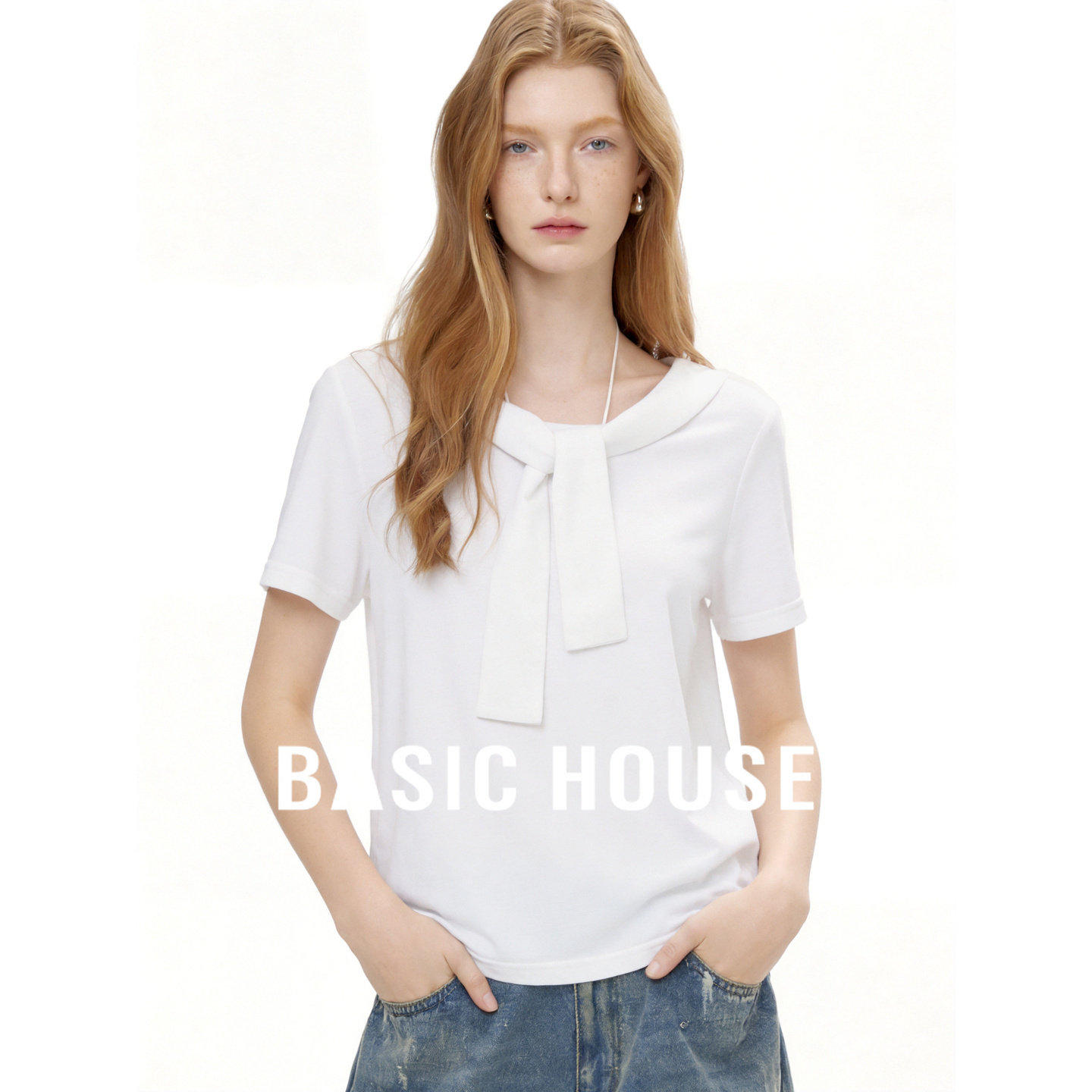 Basic House/百家好学院风飘带领白色短袖T恤女夏季气质百搭上衣
