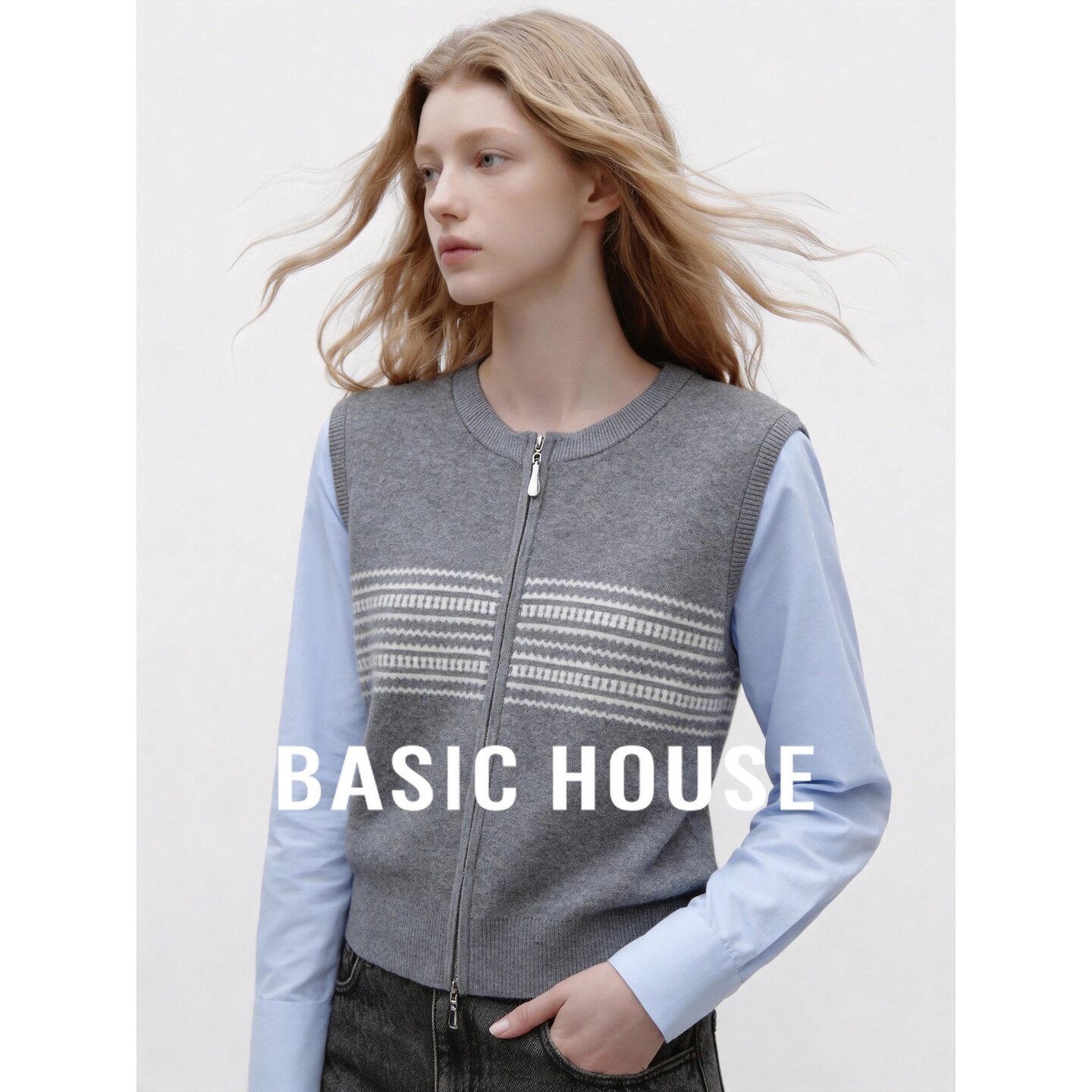 Basic House/百家好假两件针织衫羊毛圆领拉链修身女韩版灰色通勤