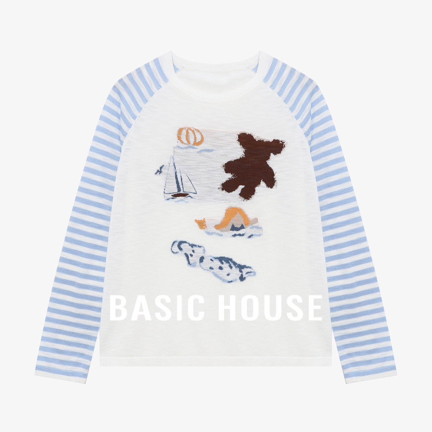 Basic House/百家好经典蓝白条纹针织衫女秋卡通印花圆领长袖上衣
