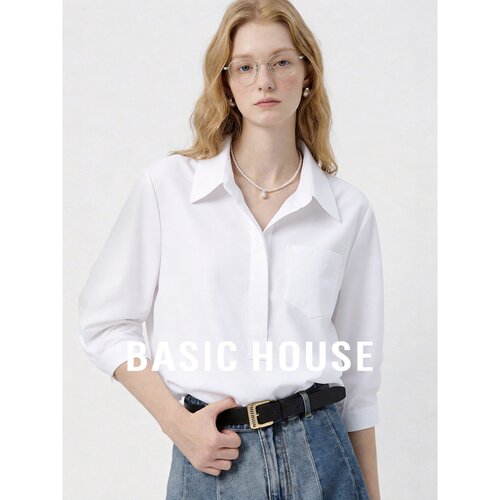 Basic House/百家好极简风白色polo领衬衫女长袖通勤显瘦百搭上衣