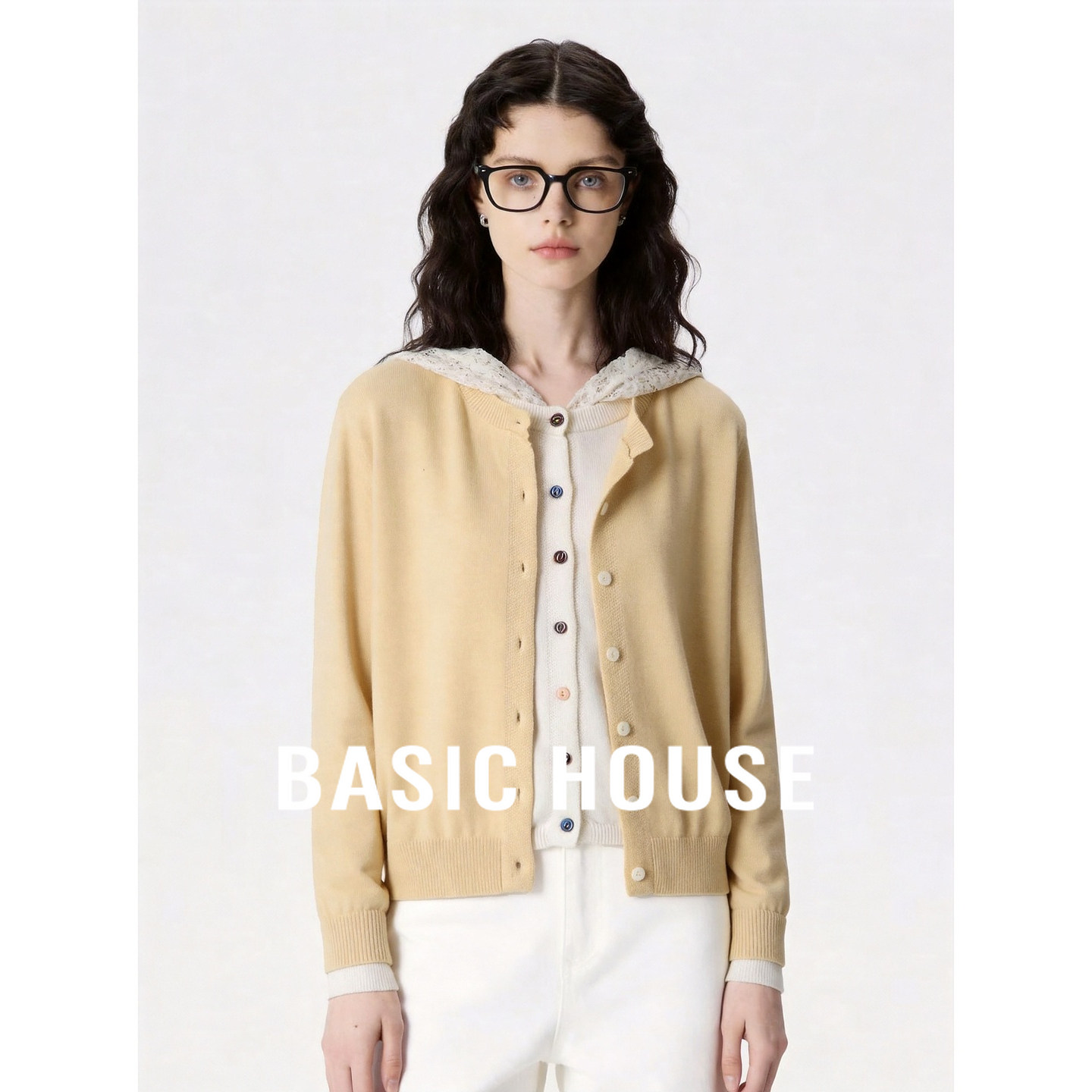 Basic House/百家好减龄浅黄色假两件针织衫女宽松显瘦百搭上衣