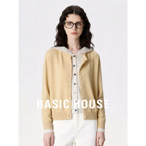 Basic House/百家好减龄浅黄色假两件针织衫女宽松显瘦百搭上衣
