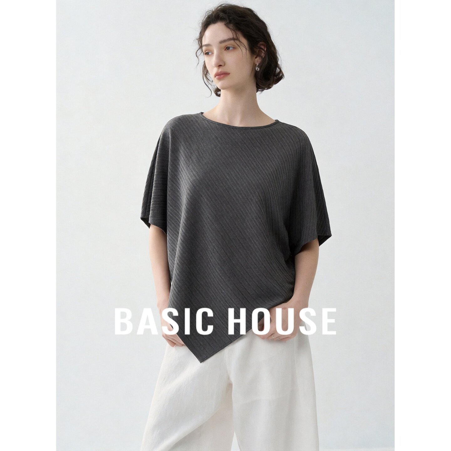 Basic House百家好薄款灰色短袖T恤女宽松垂感斜纹肌理不规则上衣