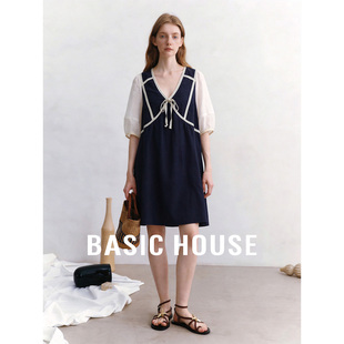 泡泡袖 百家好V领莱赛尔透气连衣裙女26夏季 中长A字裙 House Basic