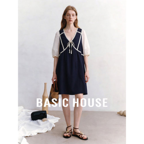 Basic House/百家好V领莱赛尔透气连衣裙女26夏季泡泡袖中长A字裙
