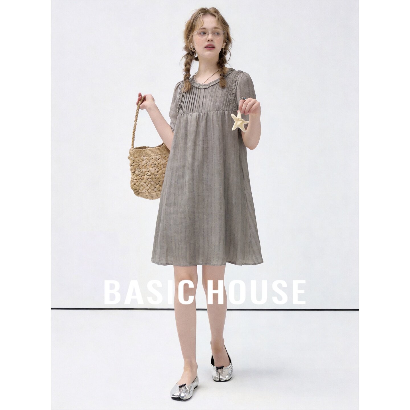 Basic House/百家好韩式拼接连衣裙女夏宽松中长款气质优雅A字裙