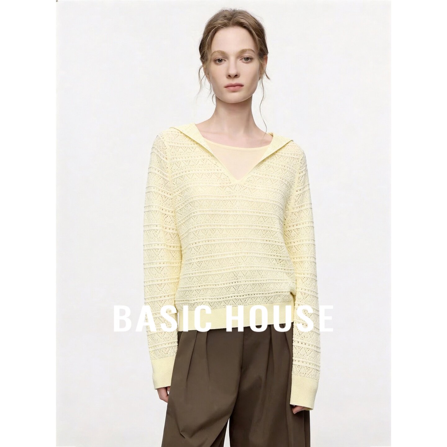 Basic House/百家好慵懒风连帽镂空针织衫女宽松透气长袖上衣黄色