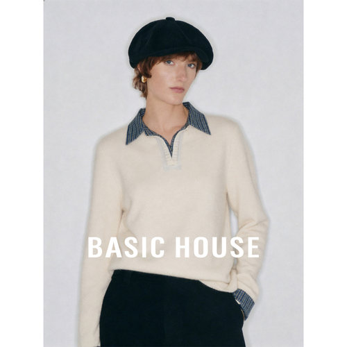 Basic House/百家好polo领假两件针织衫女春季设计超好看内搭上衣
