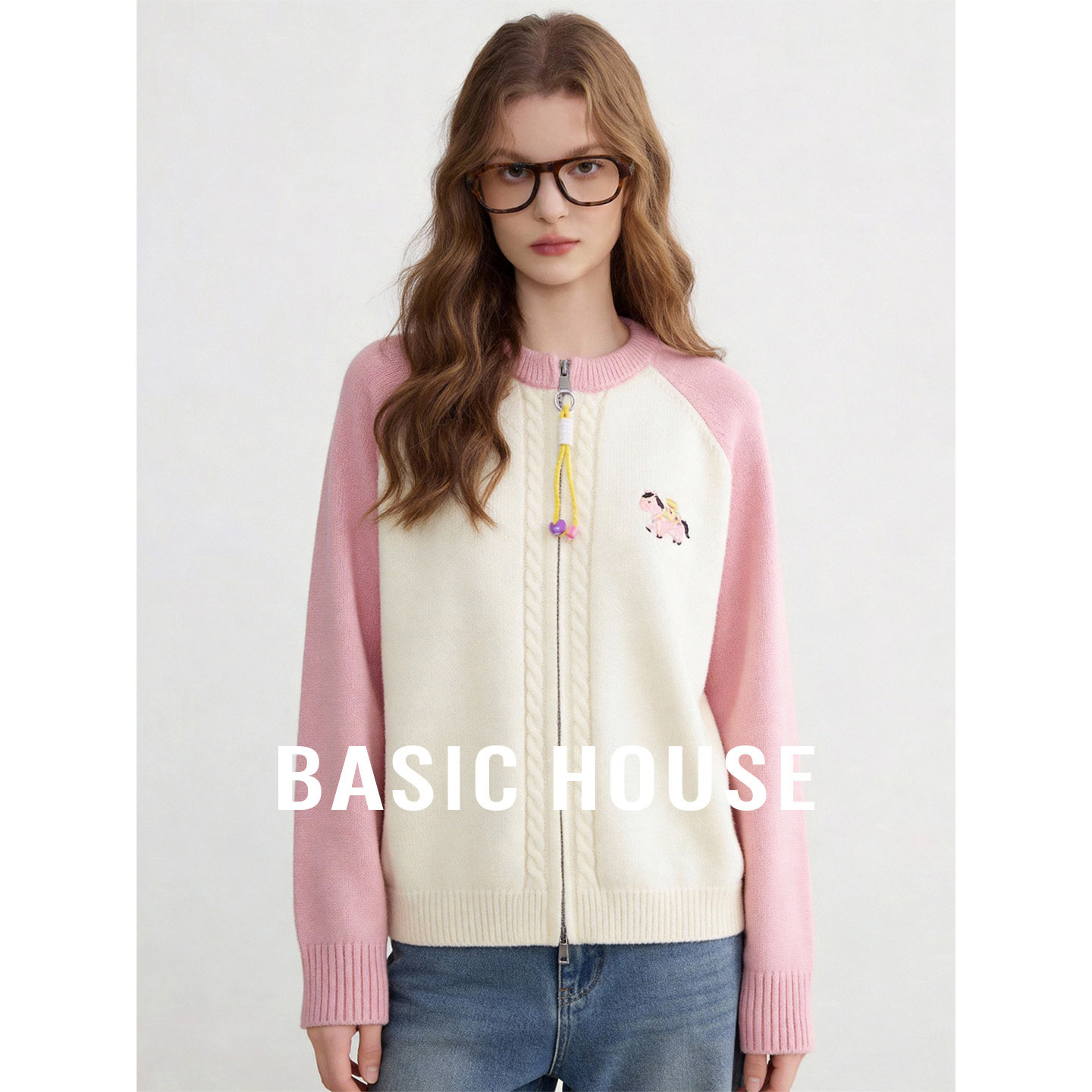 Basic House/百家好圆领小马刺绣设计毛衣女秋季撞色减龄百搭上衣