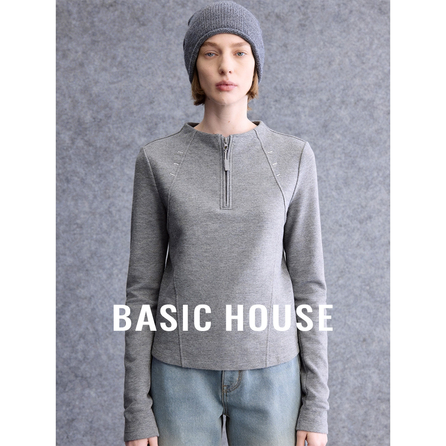 Basic House/百家好灰色圆领设计感长袖T恤女春松弛百搭内搭上衣