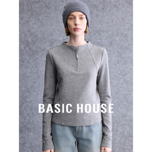 T恤女春松弛百搭内搭上衣 百家好灰色圆领设计感长袖 Basic House
