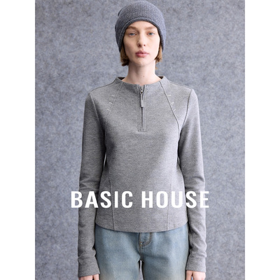 Basic House/百家好灰色圆领设计感长袖T恤女春松弛百搭内搭上衣