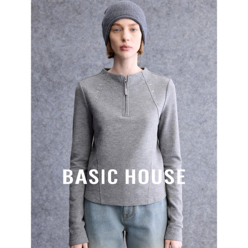 Basic House/百家好灰色圆领设计感长袖T恤女春松弛百搭内搭上衣