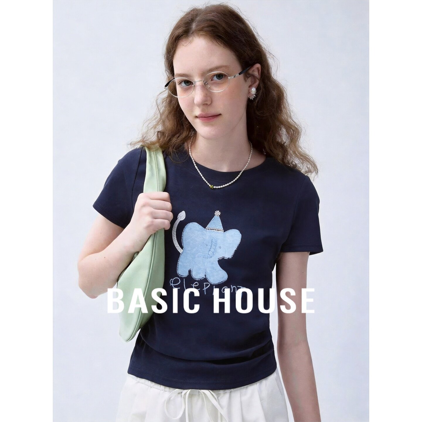 Basic House/百家好韩系简约含棉圆领动物图案日常短袖休闲T恤女