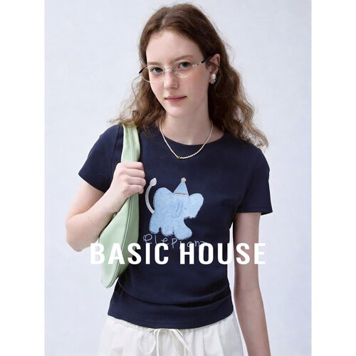 Basic House/百家好韩系简约含棉圆领动物图案日常短袖休闲T恤女