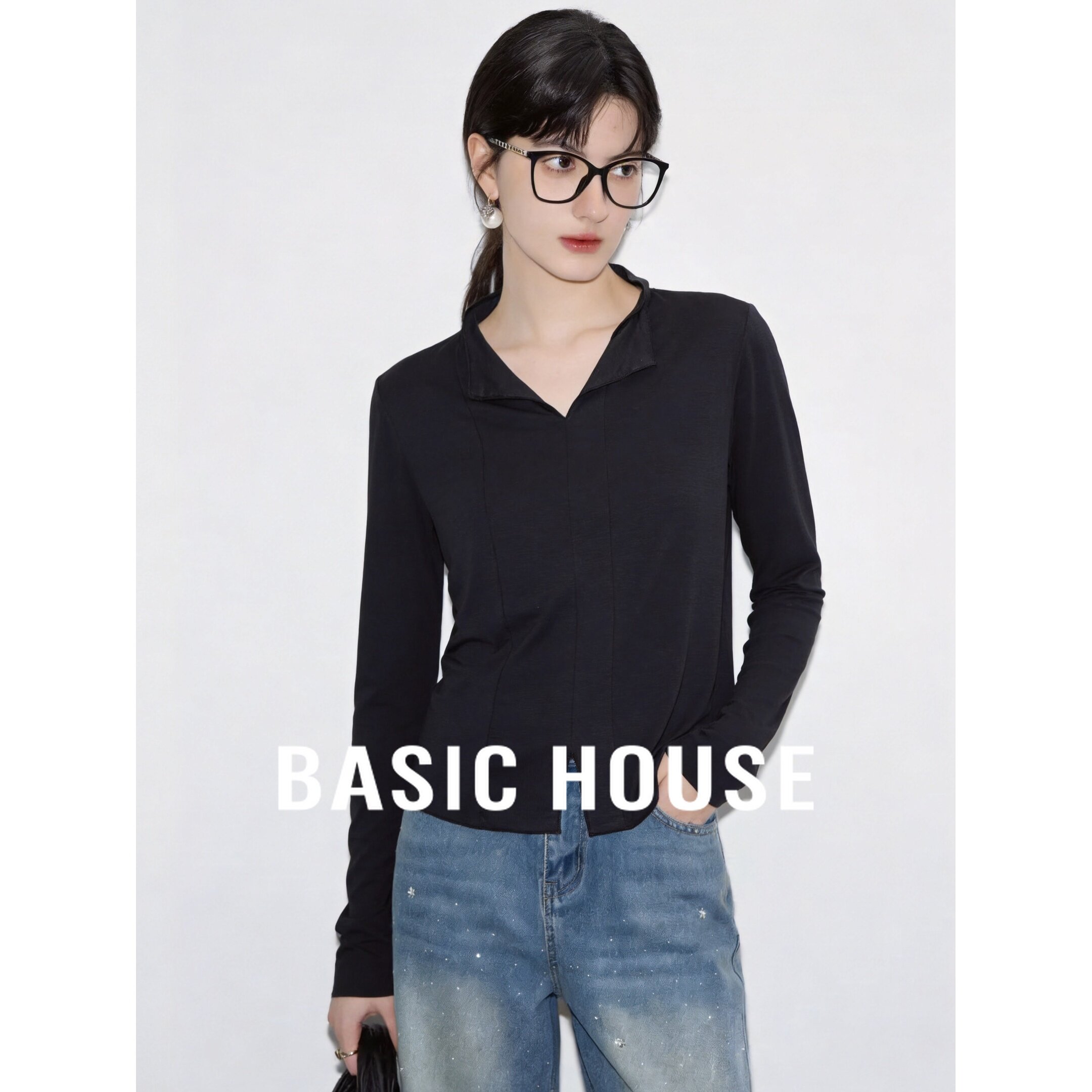 Basic House/百家好黑色翻领长袖修身针织衫极简韩版女装春秋通勤