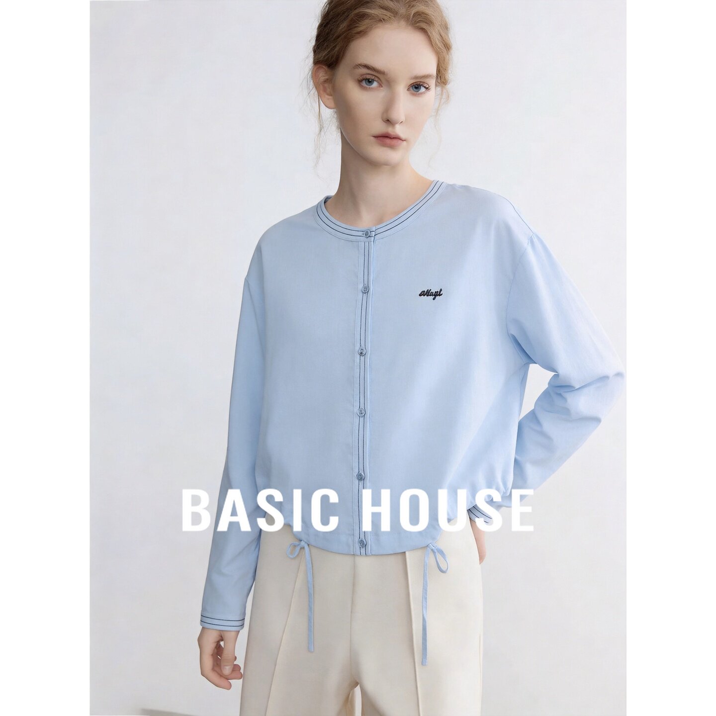 Basic House/百家好浅蓝色莱赛尔圆领宽松短款抽绳长袖衬衫上衣女