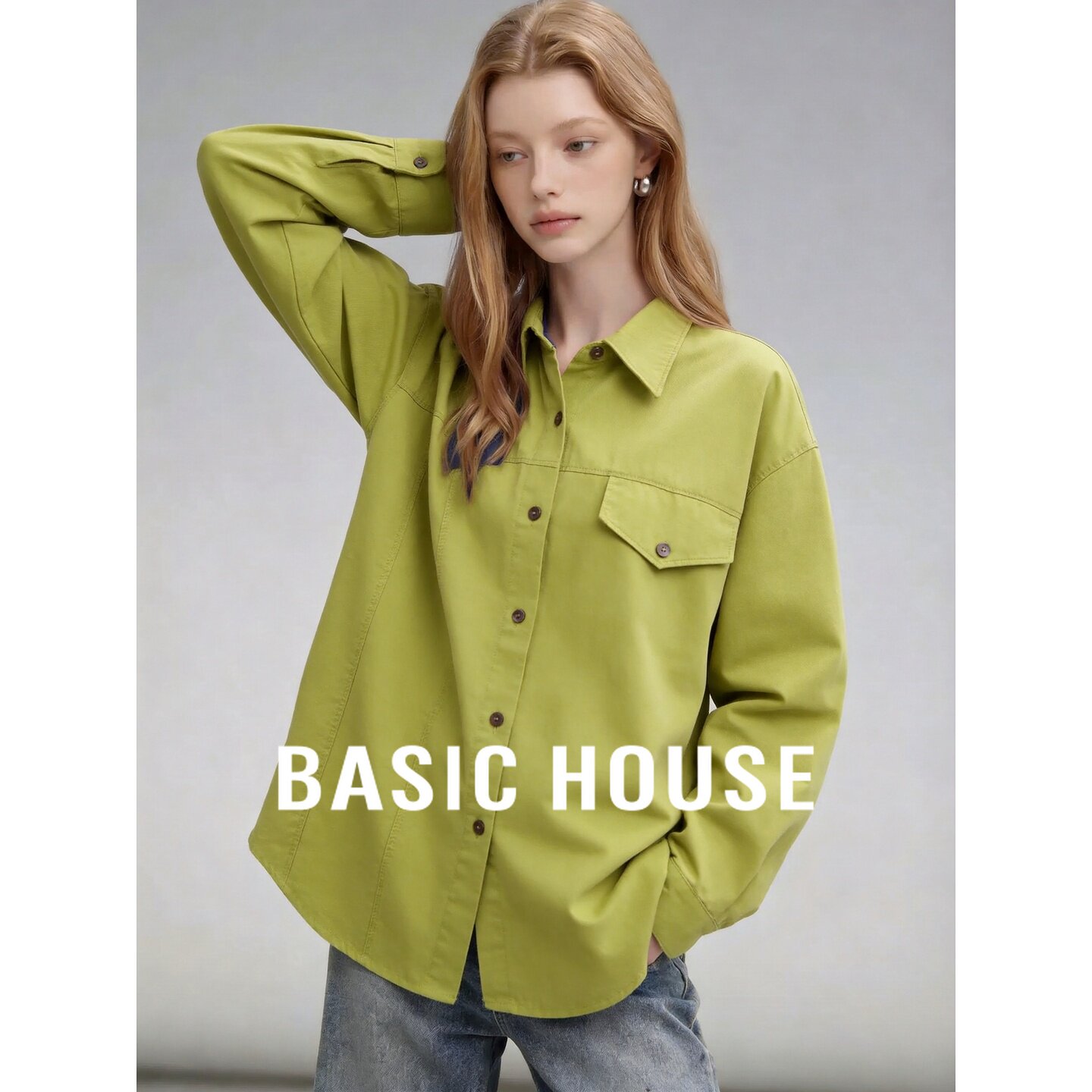Basic House/百家好极简明线拼接工装风衬衫绿色翻领宽松长袖上衣