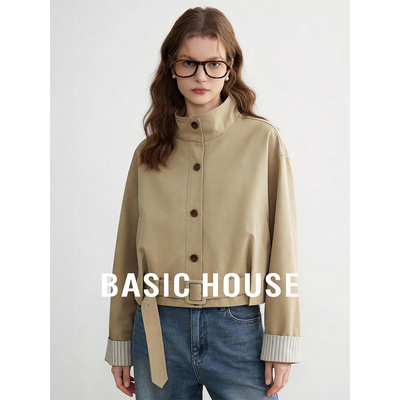 Basic House/百家好立领设计感短款风衣女春季气质高级感百搭上衣