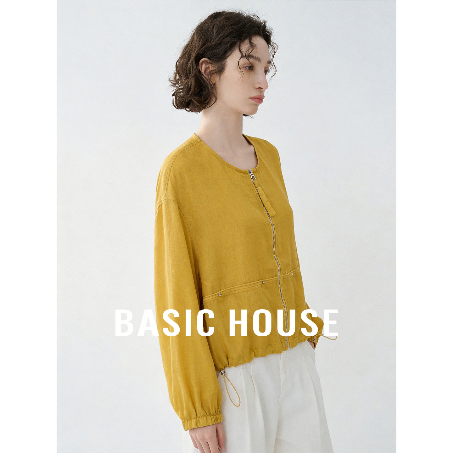 Basic House/百家好圆领宽松防晒薄款外套女苎麻纯色拉链衬衫外搭