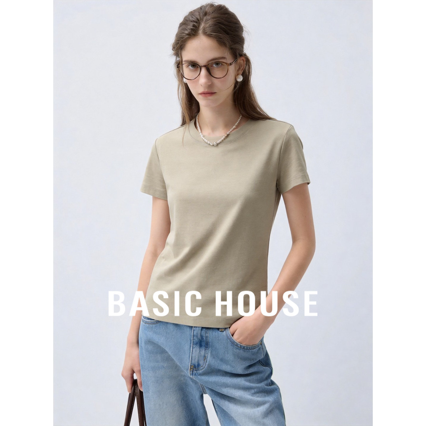 Basic House/百家好奶茶色圆领短袖女26夏季正肩休闲日常通勤T恤