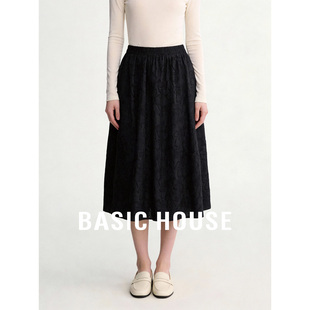 Basic 百家好立体提花松紧腰半身裙女春设计飘逸中长仙女裙 House