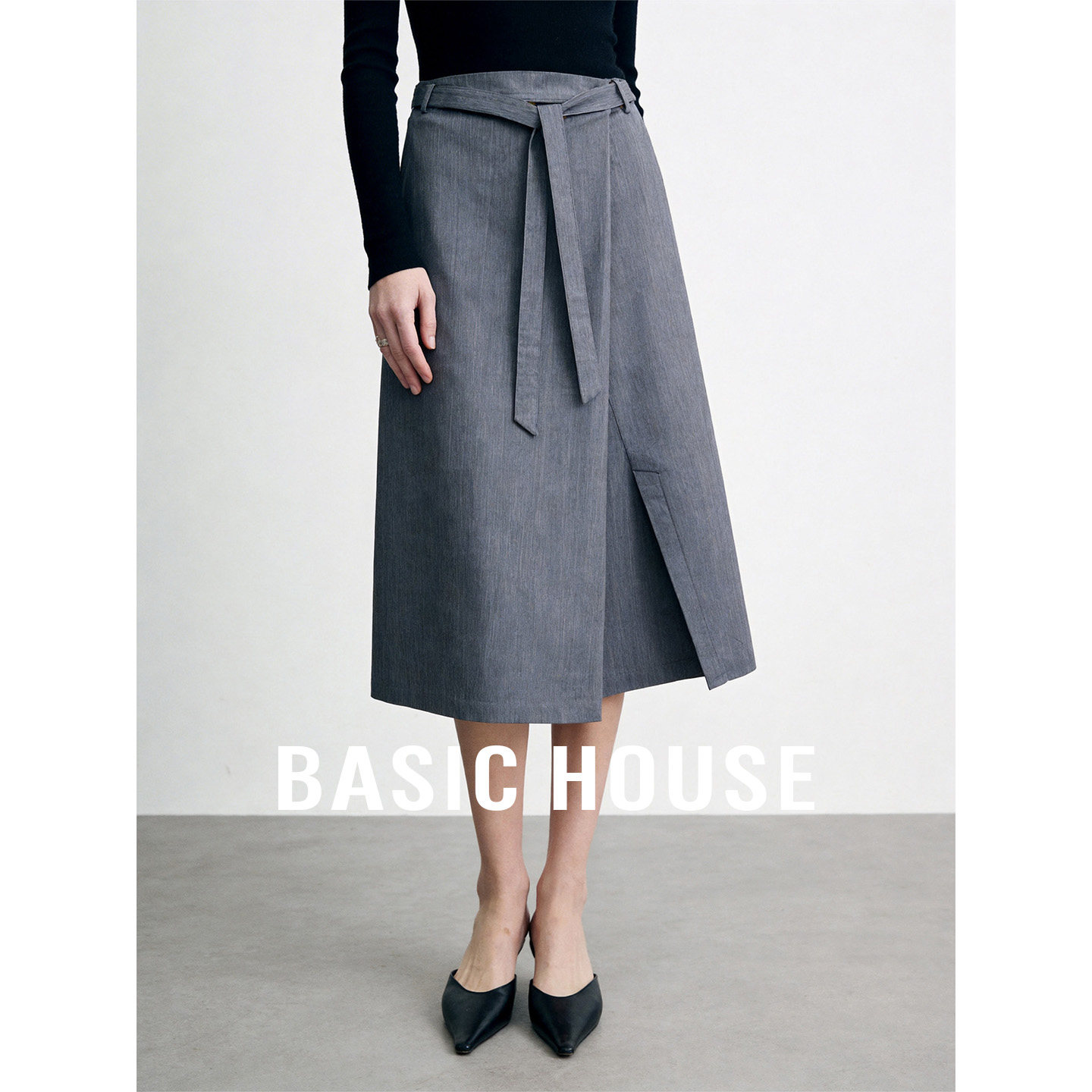 Basic House/百家好高级感侧面开叉半身裙优雅气质中长款A字裙女