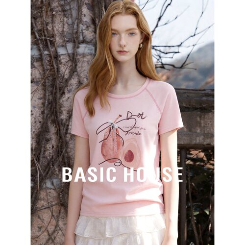 Basic House/百家好韩系甜美水果印花短袖T恤女夏季减龄显瘦上衣