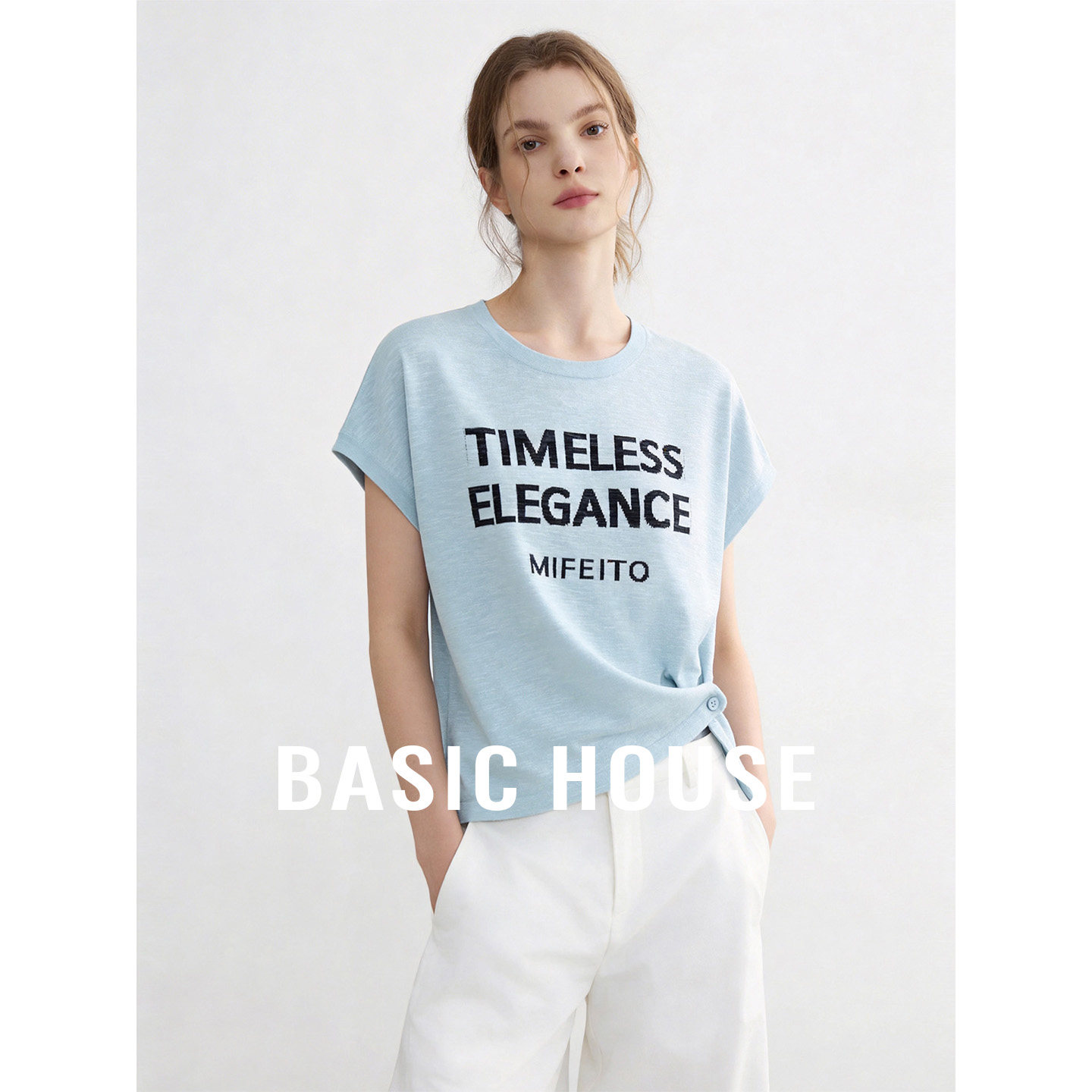 Basic House/百家好美式复古圆领短袖针织衫2026开叉纽扣宽松上衣