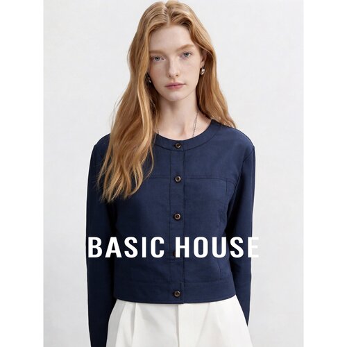 Basic House/百家好苎麻休闲衬衫女圆领长袖修身单排扣通勤短外套