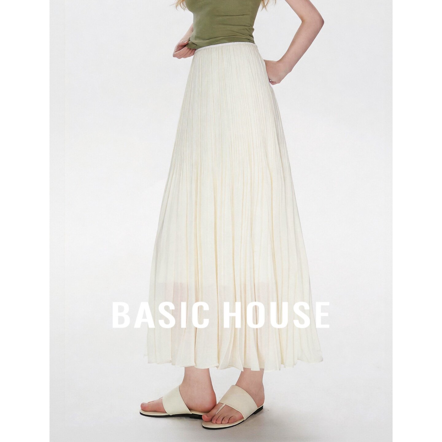 Basic House/百家好温柔风百褶半身裙女米白色仙女长裙显瘦百搭