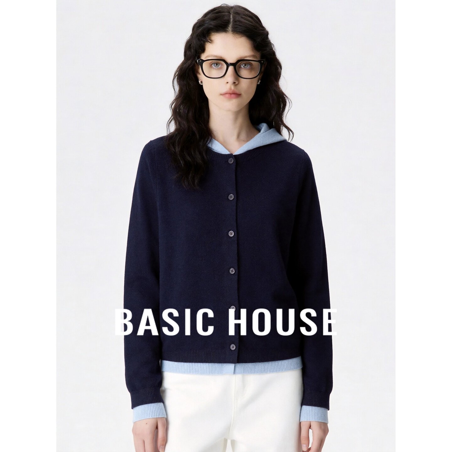 Basic House/百家好纯羊毛藏青连帽拼色假两件宽松长袖针织开衫女