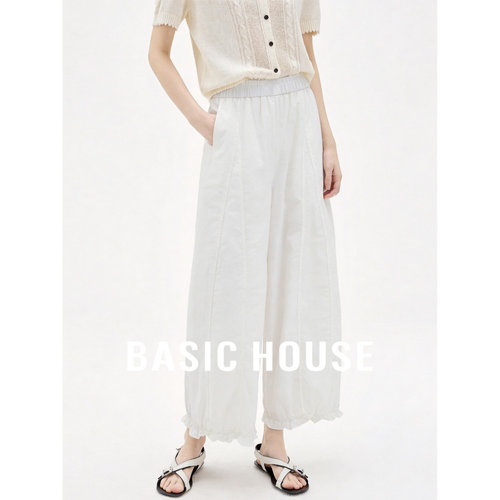 Basic House/百家好米白色宽松休闲阔腿裤女26夏季舒适透气花苞裤
