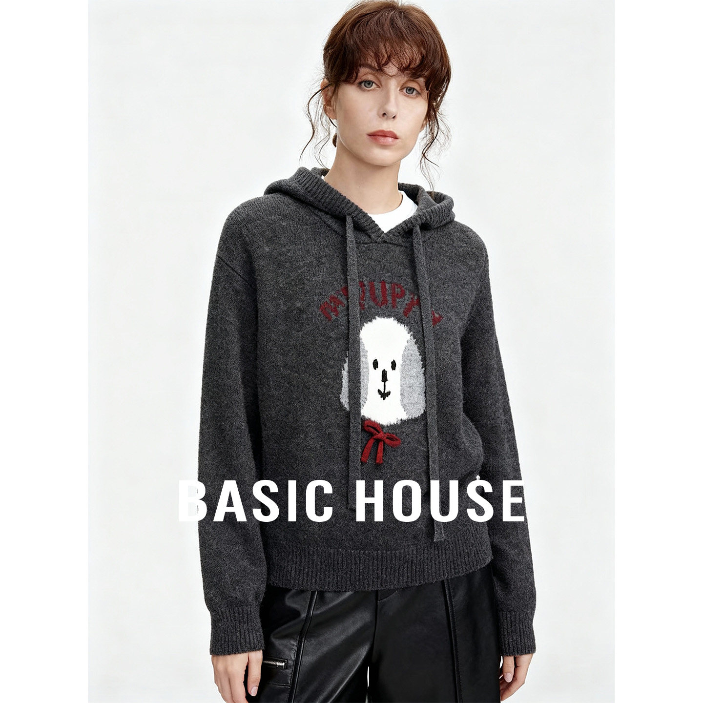 Basic House/百家好连帽抽绳刺绣短款毛衣女秋冬保暖百搭针织上衣
