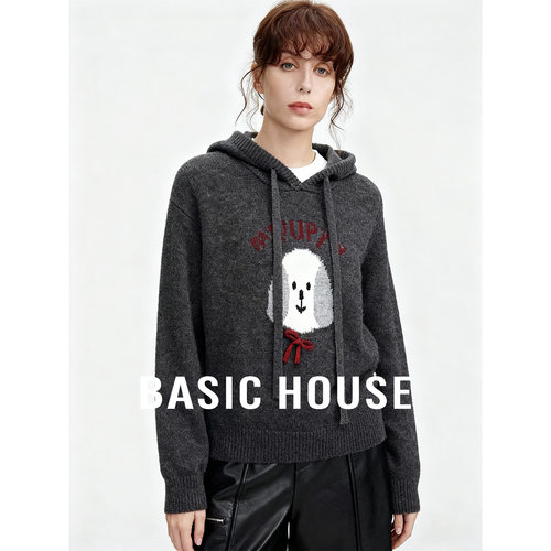 Basic House/百家好连帽抽绳刺绣短款毛衣女秋冬保暖百搭针织上衣
