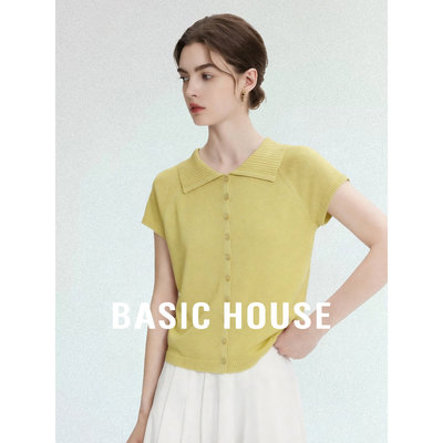 Basic House/百家好黄色翻领短袖针织开衫女夏季排扣上衣薄款百搭