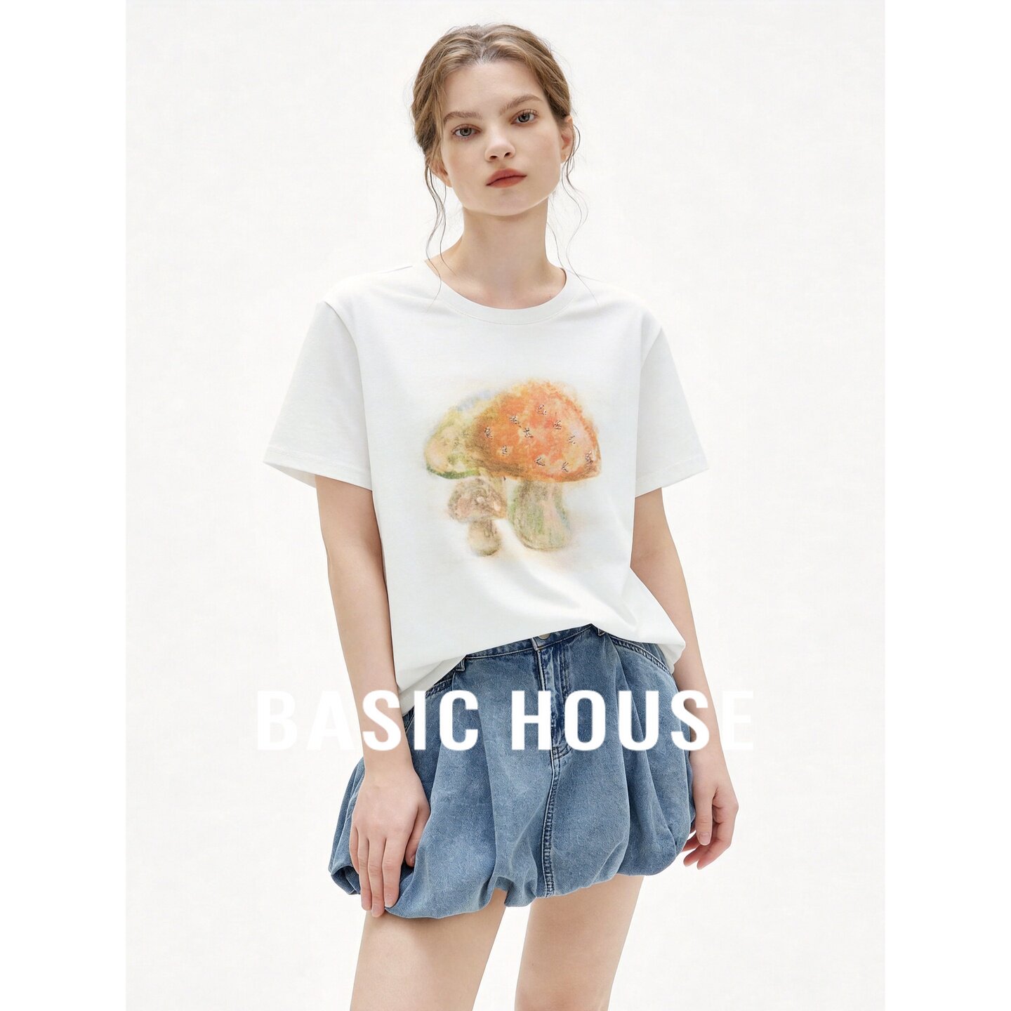 Basic House/百家好卡通印花T恤女短袖白色蘑菇图案上衣夏季新款
