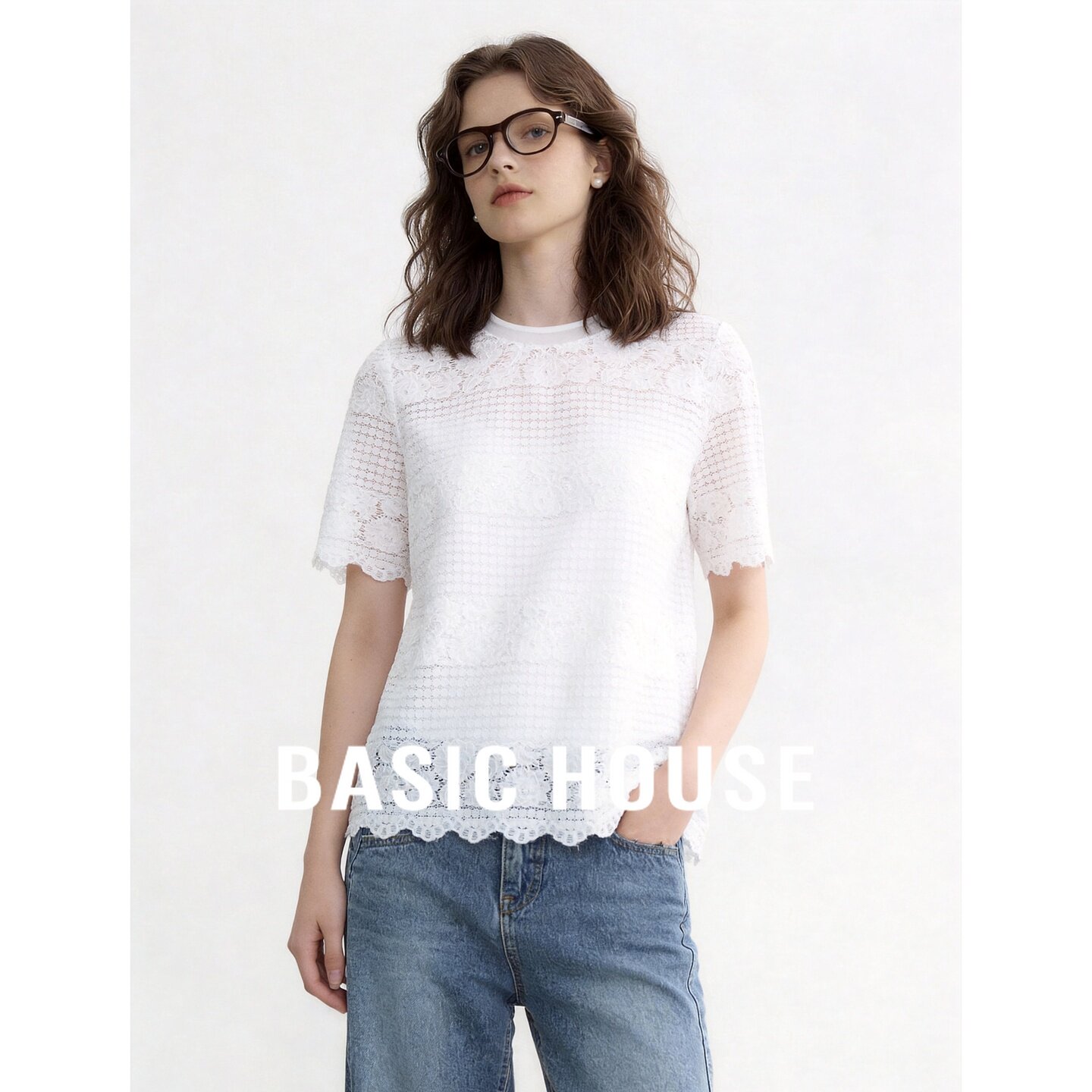 Basic House/百家好纯色镂空透气短袖T恤女夏棉舒适宽松休闲上衣