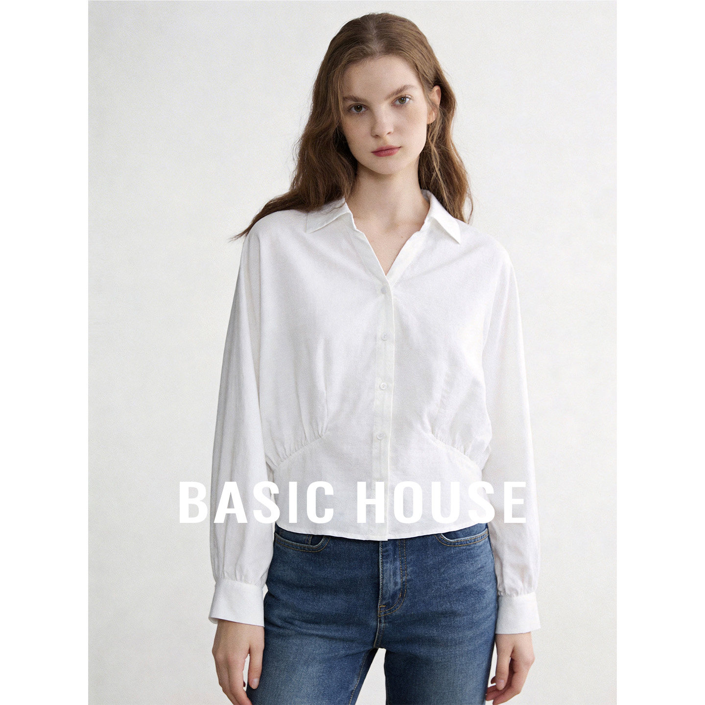 Basic House/百家好莱赛尔白色长袖衬衫2026新款翻领宽松短款衬衣