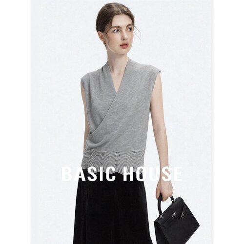 Basic House/百家好灰色无袖针织上衣女夏季通勤极简修身显瘦新款