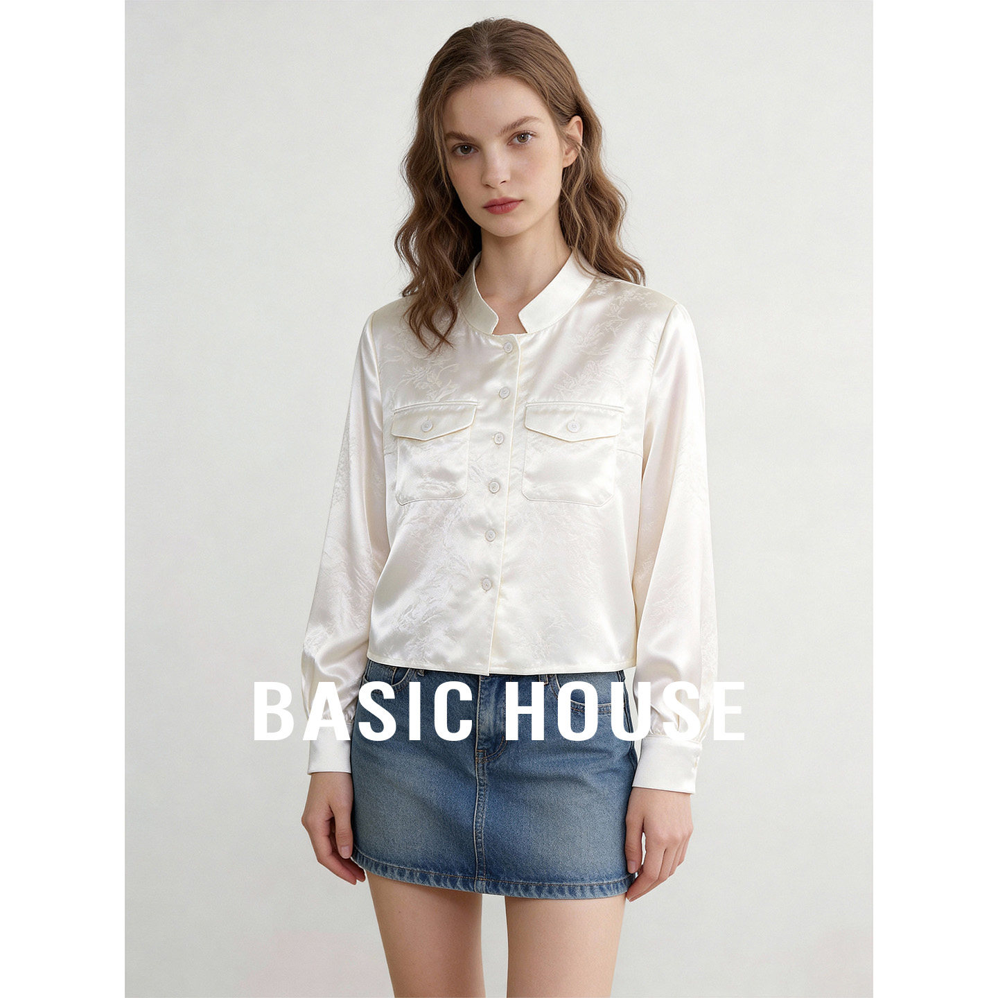 Basic House/百家好立领纯色醋纤长袖衬衫女秋季新款简约百搭上衣