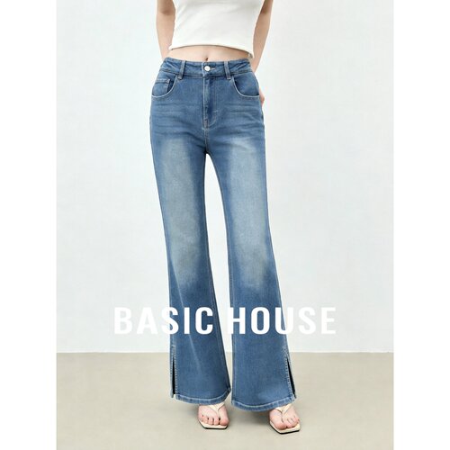 Basic House/百家好高腰微喇叭牛仔裤女蓝色显瘦修身开叉长裤百搭