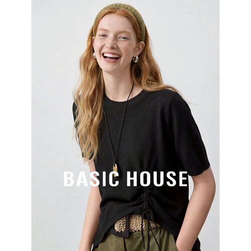 Basic House/百家好法式气质黑色针织短袖女抽绳收腰显瘦通勤上衣