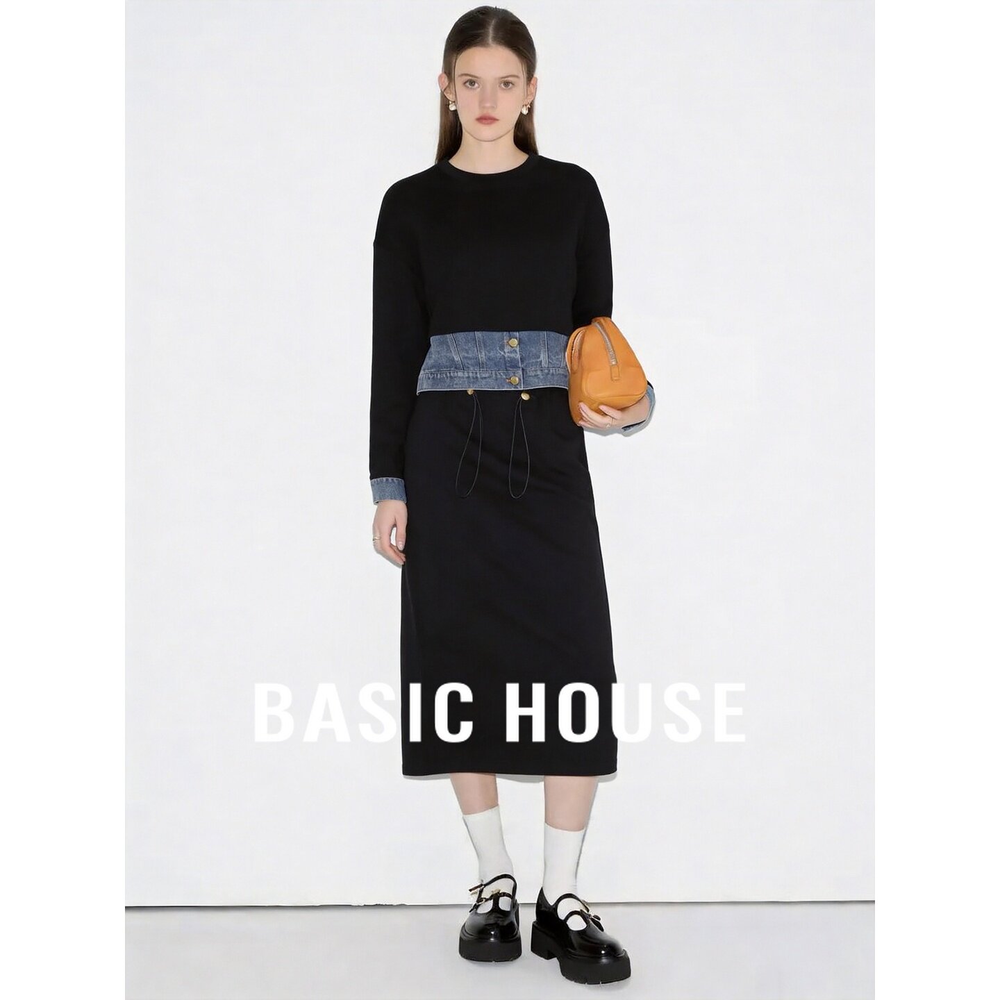 Basic House/百家好设计感牛仔拼接卫衣抽绳宽松半身裙两件套套装